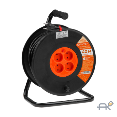 Удлинитель на катушке 40м (4 роз.. 3.5кВт. б/з. ПВС 2х1.5) Юпитер (с защитой от перегрузки) (ЮПИТЕР) (JP8403-02)